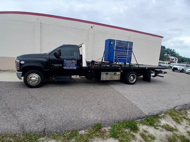 Industrial tool chest strapped down on the flatbed
